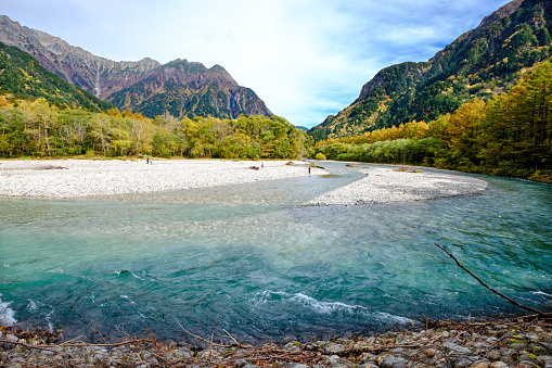 A large river bends and splits among autumn mountain scenery, Kamikochi National Park, Japan Alps.