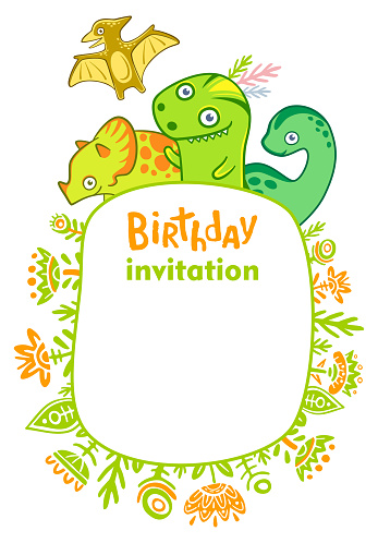 Ilustración de Invitación De Cumpleaños Para Niños Dinosaurios De Dibujos  Animados Y Marco De Flores Ilustración Plana Para Tarjeta Lindo Dinosaurio  y más Vectores Libres de Derechos de Alegre - iStock