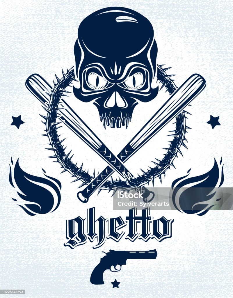 Gangster Emblem Logo Or Tattoo With Aggressive Skull Baseball Bats And  Other Weapons And Design Elements Vector Criminal Ghetto Vintage Style  Gangster Anarchy Or Mafia Theme Stock Illustration - Download Image Now -