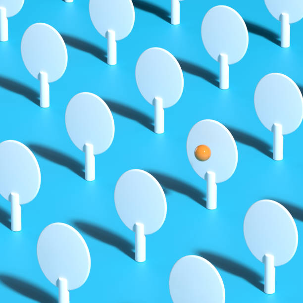 istock Pattern of plastic white ping pong rackets standing on light blue background and one flying ball. Summer active sport concept. 3D rendering. 1226579578