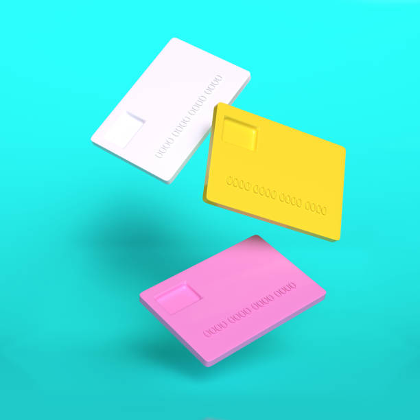 concepto creativo de tres tarjetas de crédito de plástico de colores en colores blanco, amarillo y rosa volando en el aire. renderizado 3d. - credit cards fotografías e imágenes de stock