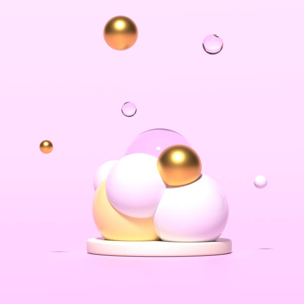istock Abstract composition with golden, transparent, yellow and white soap bubbles in cluster on podium. Colorful glossy balls. Bathroom concept. 3D render. 1226579618