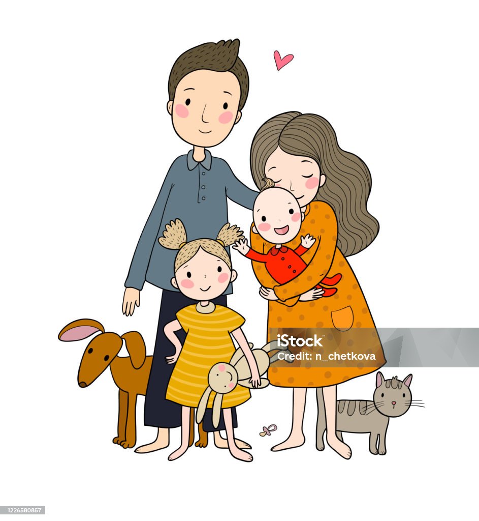 ครอบครัวที่มีความสุข พ่อแม่ที่มีลูก พ่อการ์ตูนน่ารัก แม่ ลูกสาว ลูกชายและทารก  แมวสัตว์เล ภาพประกอบสต็อก - ดาวน์โหลดรูปภาพตอนนี้ - Istock