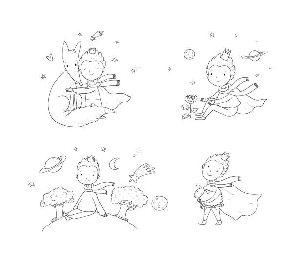 illustrations, cliparts, dessins animés et icônes de petit prince.un conte de fées sur un garçon, une rose, une planète et un renard. - prince