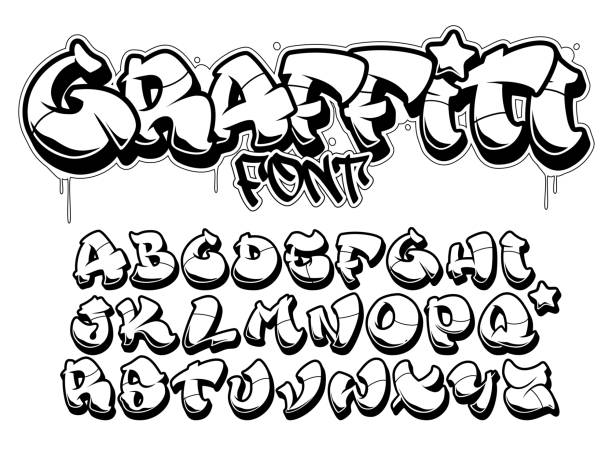 illustrazioni stock, clip art, cartoni animati e icone di tendenza di carattere in stile graffiti. alfabeto vettoriale contorno nero isolato - graffiti fonts