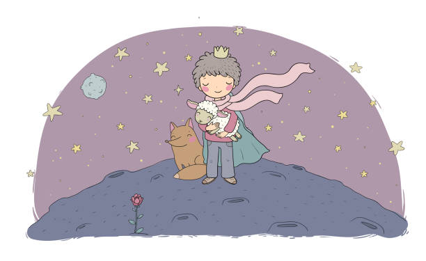illustrations, cliparts, dessins animés et icônes de petit prince.un conte de fées sur un garçon, une rose, une planète et un renard. - prince