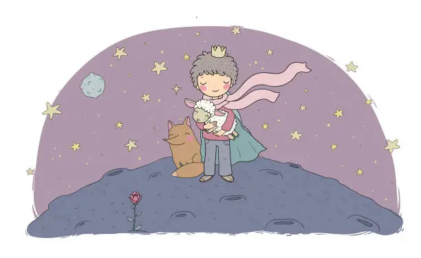 Vector illustration of Little Prince.A fairy tale about a boy, a rose, a planet and a fox.