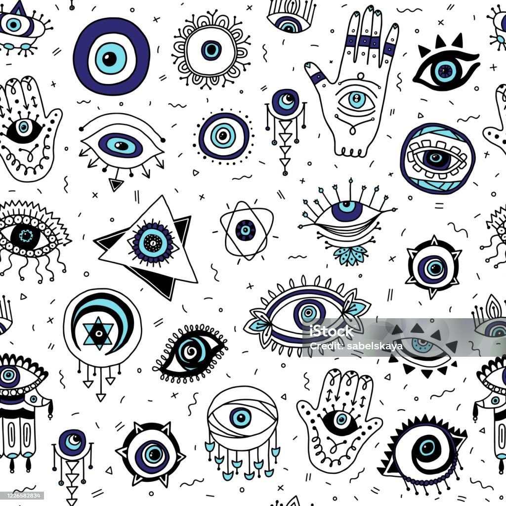 Seamless Pattern With Evil Eyes And Fatimas Hand Symbols Vector  Illustration Stock Illustration - Download Image Now - iStock
