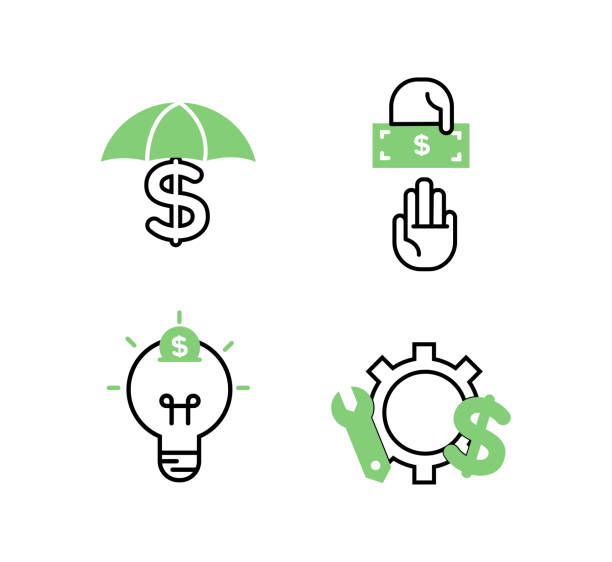 finanzdienstleistungssymbole festgelegt. ikonen versicherung, venture capital, vermögensverwaltung. icons glühbirne mit einer münze, ausrüstung mit einem mechanischen schlüssel und einem dollar-zeichen, einem regenschirm und einem dollar am griff - bumbershoot festival stock-grafiken, -clipart, -cartoons und -symbole