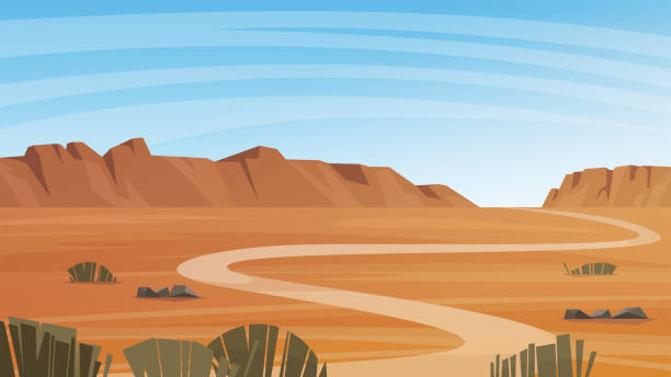 ilustraciones, imágenes clip art, dibujos animados e iconos de stock de ilustración vectorial del paisaje del desierto del gran cañón. - two lane highway illustrations