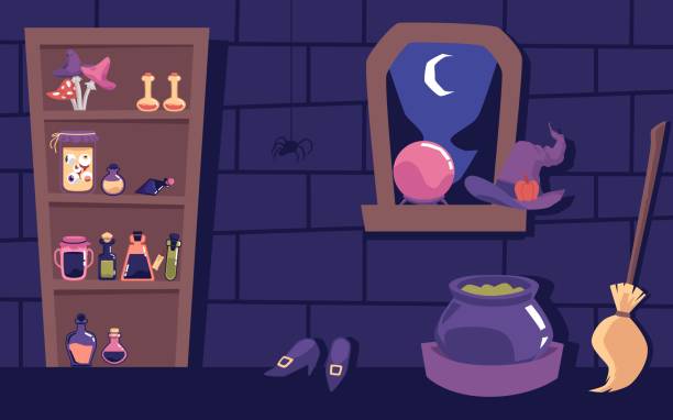 무서운 마녀 방 인테리어 - 마법의 물약 선반 할로윈 배너 - castle indoors domestic room spooky stock illustrations