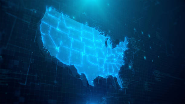 istock Map of USA with states on blue digital background 1226586584