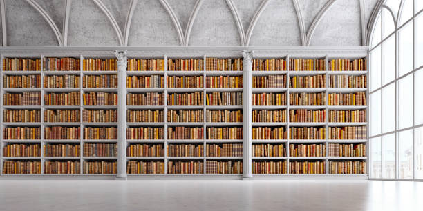 istock Panorama old books on white shelf in book shop or library.classic style.3d rendering 1226587843