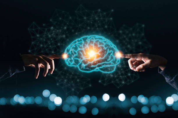 istock Two hands touching the virtual brain. Creative new business idea concept. 1226587946