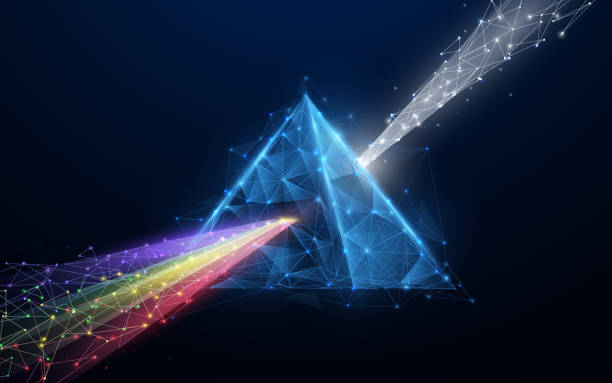 Prism light spectrum. 3d triangle shape from lines, triangles, particle, low poly and wireframe design. Vector illustration Prism light spectrum. 3d triangle shape from lines, triangles, particle, low poly and wireframe design. Vector illustration prism stock illustrations