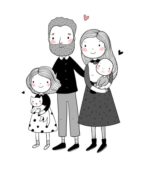 A Happy Family Parents With Children Cute Cartoon Dad Mom Daughter Son And  Baby Funny Pet Cat And Dog Stock Illustration - Download Image Now - iStock