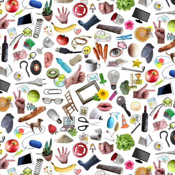 Pattern made with collage of plenty colorful daily objects, on white background, photos and drawings