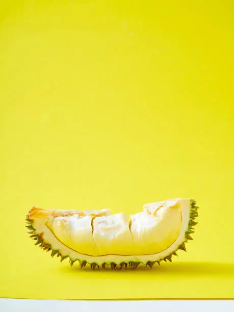 Photo of Durian on yellow background with copy space.