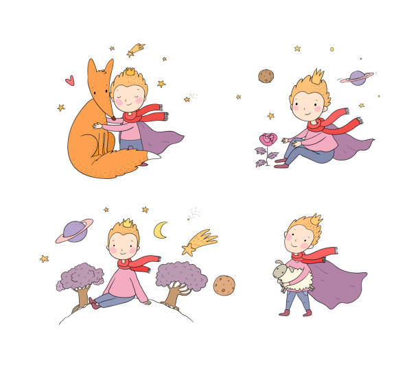 illustrations, cliparts, dessins animés et icônes de petit prince.un conte de fées sur un garçon, une rose, une planète et un renard. - prince