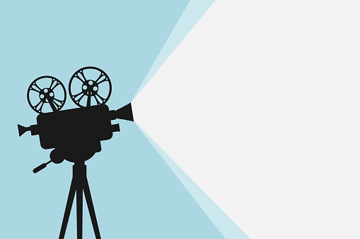 Silhouette of vintage cinema projector on a tripod. Cinema background. Movie festival template for banner, flyer, poster or tickets. Old film projector with place for your text. Movie time concept.