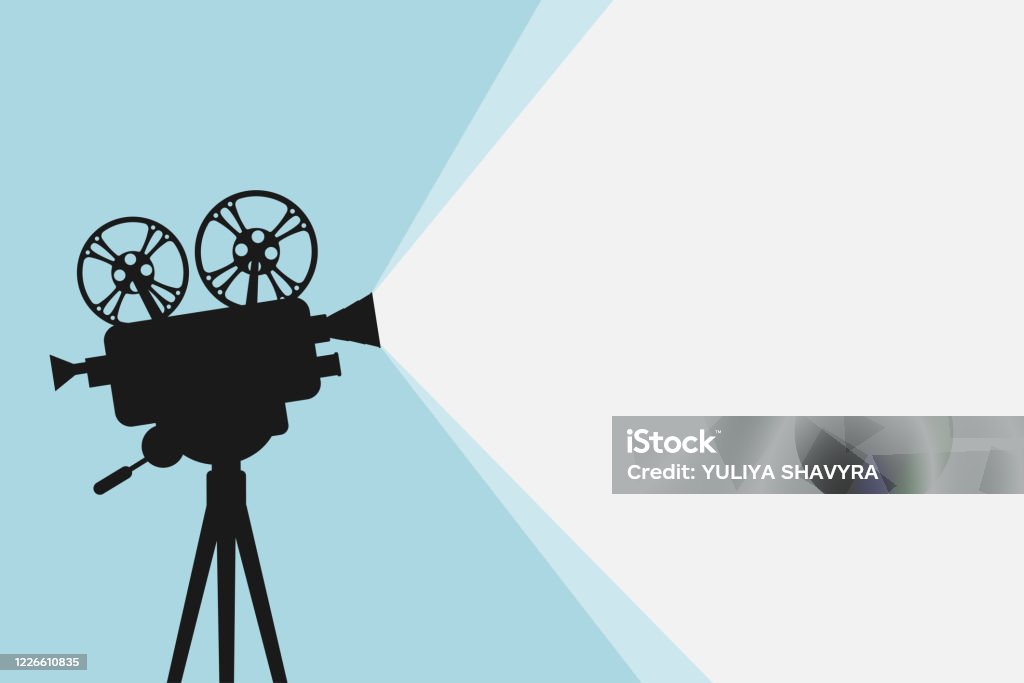 Silhouette of vintage cinema projector on a tripod. Cinema background. Film festival template for banner, flyer, poster or tickets. Old movie projector with place for your text. Movie time concept Silhouette of vintage cinema projector on a tripod. Cinema background. Movie festival template for banner, flyer, poster or tickets. Old film projector with place for your text. Movie time concept. Home Video Camera stock vector