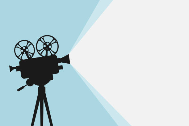 Silhouette of vintage cinema projector on a tripod. Cinema background. Film festival template for banner, flyer, poster or tickets. Old movie projector with place for your text. Movie time concept Silhouette of vintage cinema projector on a tripod. Cinema background. Movie festival template for banner, flyer, poster or tickets. Old film projector with place for your text. Movie time concept. vintage movie projector stock illustrations