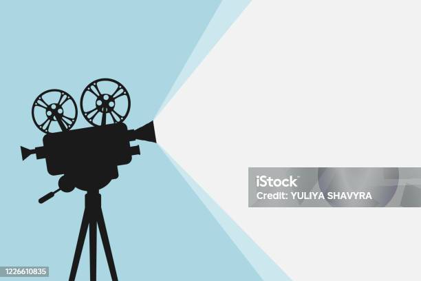 Silhouette Of Vintage Cinema Projector On A Tripod Cinema Background Film Festival Template For Banner Flyer Poster Or Tickets Old Movie Projector With Place For Your Text Movie Time Concept Stock Illustration - Download Image Now