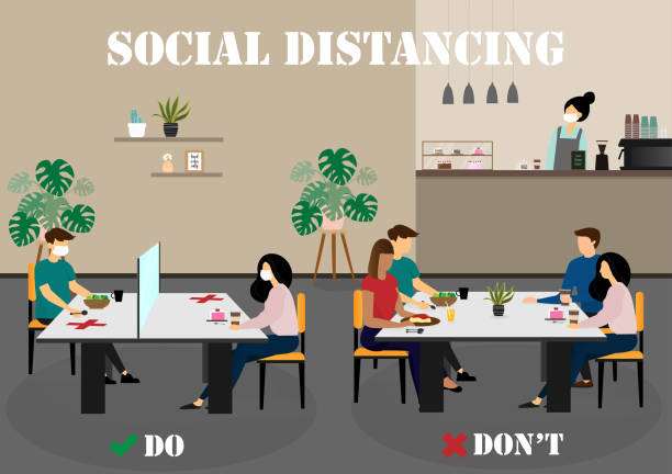 A vector design concept of Social Distancing during Coronavirus (Covid-19) outbreak in the coffee shop. How to maintain social distancing in the cafeteria infographic illustration. A vector design concept of Social Distancing during Coronavirus (Covid-19) outbreak in the coffee shop. How to maintain social distancing in the cafeteria infographic illustration. restaurant masks stock illustrations