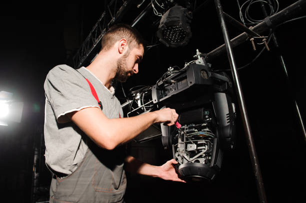 istock The lighting engineer adjusts the lights on the stage. 1226612364