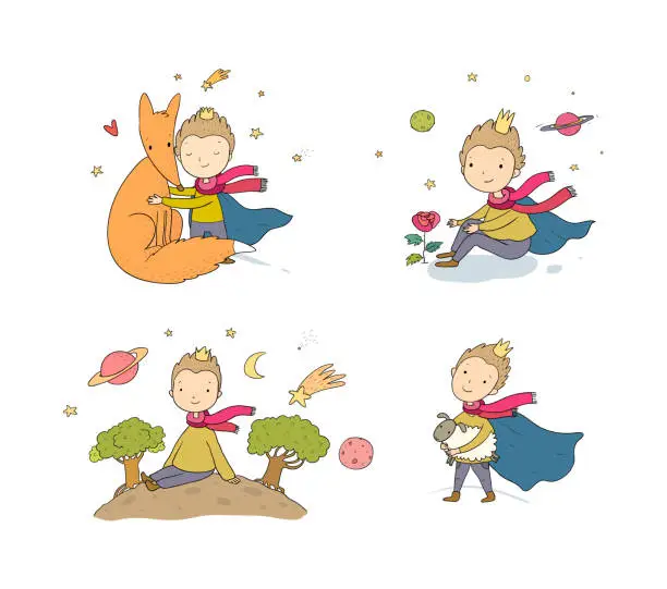 Vector illustration of Little Prince.A fairy tale about a boy, a rose, a planet and a fox.