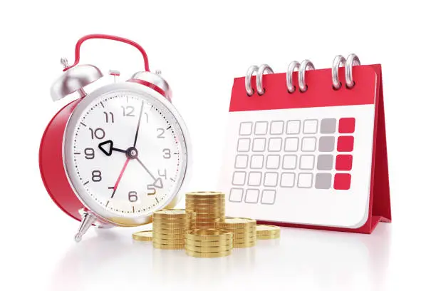 An alarm clock together with a desk calendar are placed behind of stacks of coins and all of them are on reflective white background. 3D rendering graphics on the theme of Business.