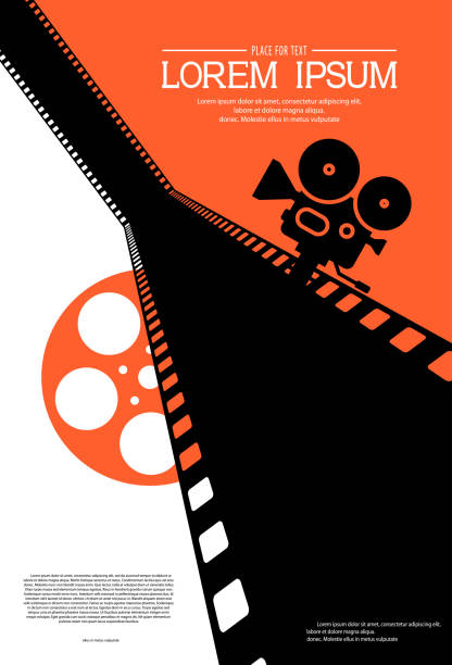 ilustrações de stock, clip art, desenhos animados e ícones de film strip on the way with silhouette of cinema projector on a tripod and film roll. cinema background. retro movie festival template for banner, flyer, poster with place for text. movie time concept - cinema