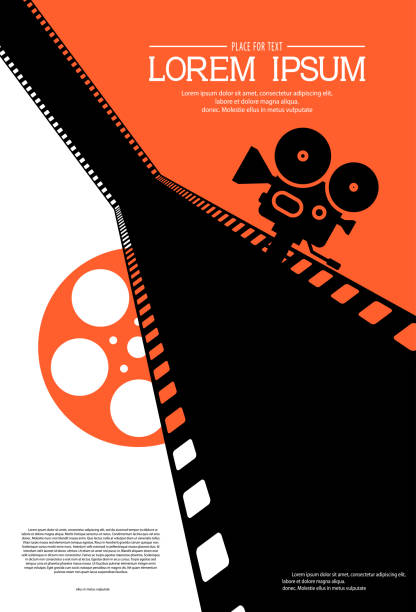 Film strip on the way with silhouette of cinema projector on a tripod and film roll. Cinema background. Retro movie festival template for banner, flyer, poster with place for text. Movie time concept Film strip on the way with silhouette of cinema projector on a tripod and film roll. Cinema background. Retro movie festival template for banner, flyer, poster with place for text. Movie time concept. film festival photos stock illustrations