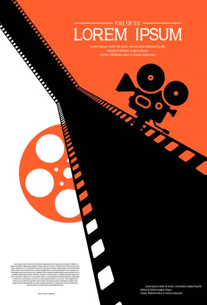 Vector illustration of Film strip on the way with silhouette of cinema projector on a tripod and film roll. Cinema background. Retro movie festival template for banner, flyer, poster with place for text. Movie time concept