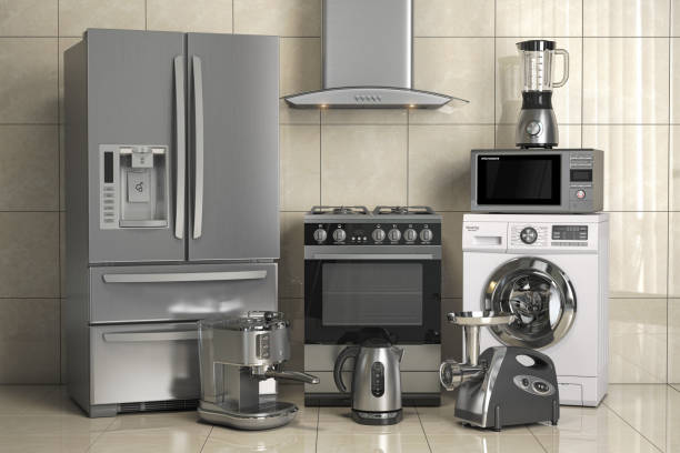 istock Set of home kitchen appliances on the wall background. Household kitchen technics. 1226615129