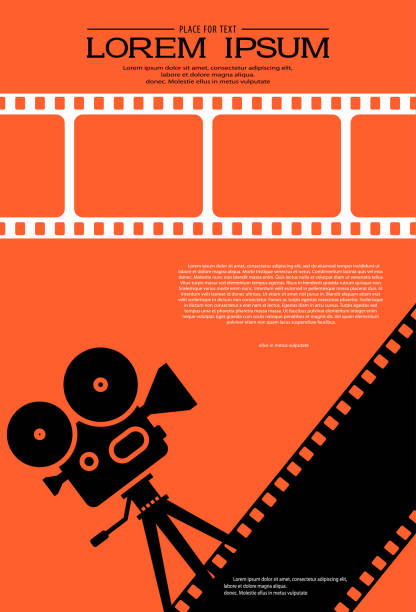 Film strips with silhouette of cinema projector on a tripod. Retro Cinema Background. Movie festival template with text for banner, flyer, poster. Movie time concept. Design of film industry. Vector Film strips with silhouette of cinema projector on a tripod. Retro Cinema Background. Movie festival template with text for banner, flyer, poster. Movie time concept. Design of film industry. Vector film festival photos stock illustrations