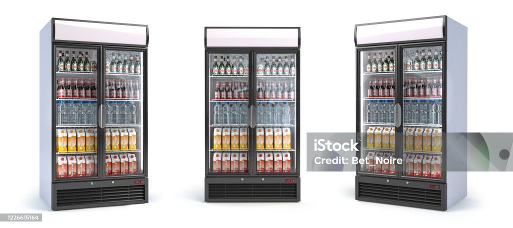 Fridge with drinks isolated on white. Set of showcase refrigerators with water, beer nad soda in the grocery shop. Fridge with drinks isolated on white. Set of showcase refrigerators with water, beer nad soda in the grocery shop. 3d illustration Refrigerator Stock Photo