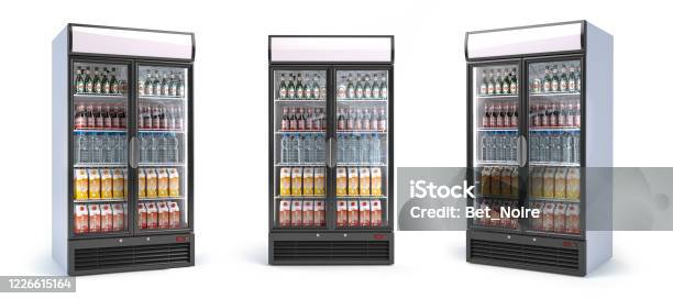 Fridge With Drinks Isolated On White Set Of Showcase Refrigerators With Water Beer Nad Soda In The Grocery Shop Stock Photo - Download Image Now