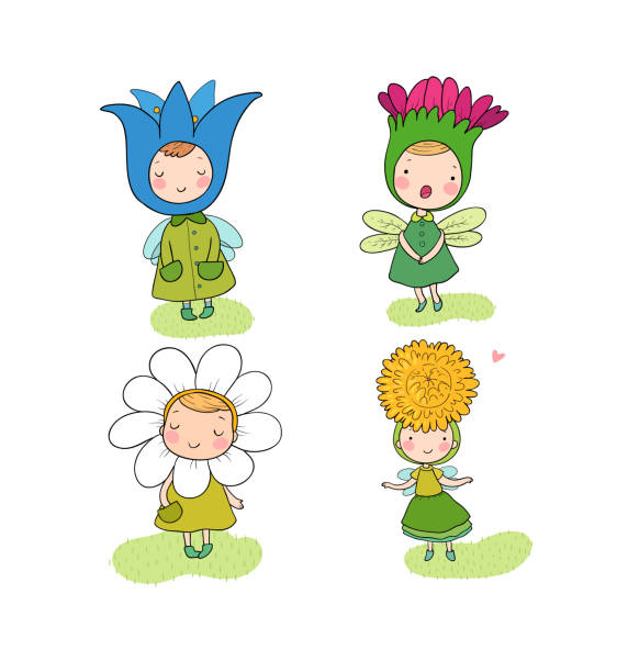Cute cartoon flower fairies. Forest gnomes. Fairytale creatures. Funny kids. Cute cartoon flower fairies. Forest gnomes. Fairytale creatures. Funny kids. Vector fairy rose stock illustrations