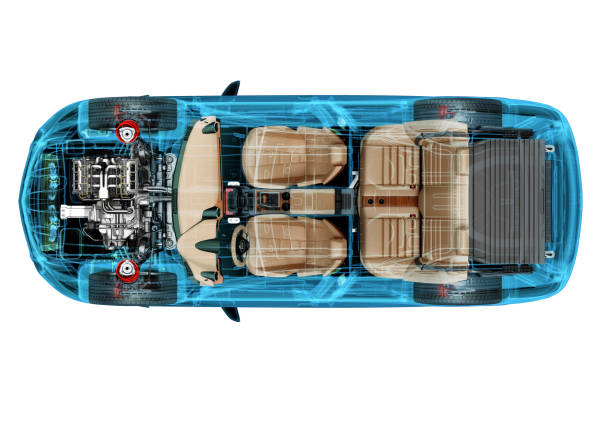 istock Technical 3d illustration of SUV car with x-ray effect. Top view. Engine, wheels and interiors. 1226615790