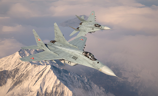 Military fighter aircraft Mig 29, flying above the clouds. Two airplanes. 3d illustration.