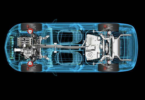 Technical 3d illustration of SUV car with x-ray effect and powertrain system. Top view on black background.