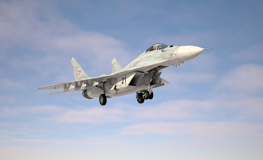 Military fighter aircraft Mig 29, landing/take off. 3d illustration.