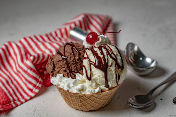 istock ice cream sundae on waffle cone cup 1226616180