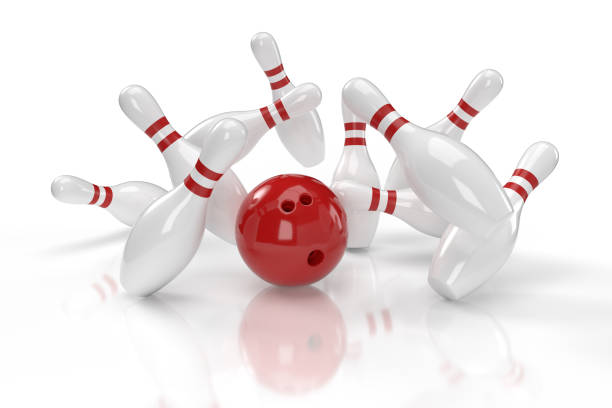 istock Bowling game concept: red ball with bowling pins (clipping path) 1226617198