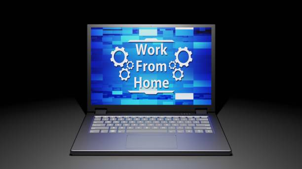 8K 3D rendered isolated Laptop with Work From Home Abstract Screen Display on the floor in the Dark room with one light source (middle)