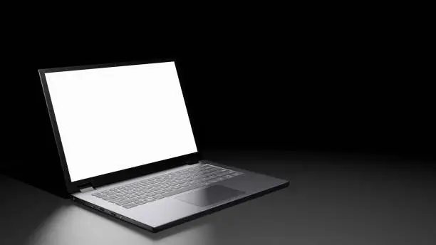 8K Resolution 3D rendered isolated Opened Laptop with Blank Screen Display on the floor in the Dark room with one light source (left side)