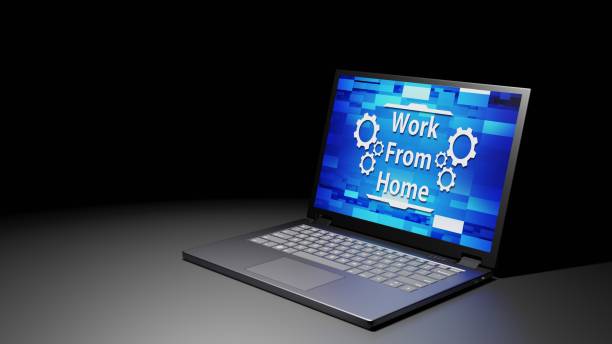 istock 8K 3D rendered isolated Laptop with Work From Home Abstract Screen Display on the floor in the Dark room with one light source (right side) 1226618359