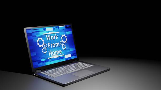 istock 8K 3D rendered isolated Laptop with Work From Home Abstract Screen Display on the floor in the Dark room with one light source (left side) 1226618599