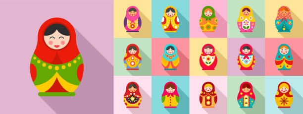 illustrations, cliparts, dessins animés et icônes de ensemble d’icônes de poupée de nidification, modèle plat - russian nesting doll doll russian culture nobody